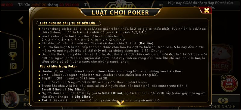 Luật chơi poker tại Go88 dễ dàng, đặt cược đa dạng