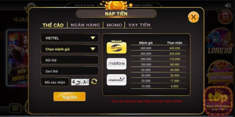 Hướng dẫn cách nạp tiền vào tài khoản game Gold8