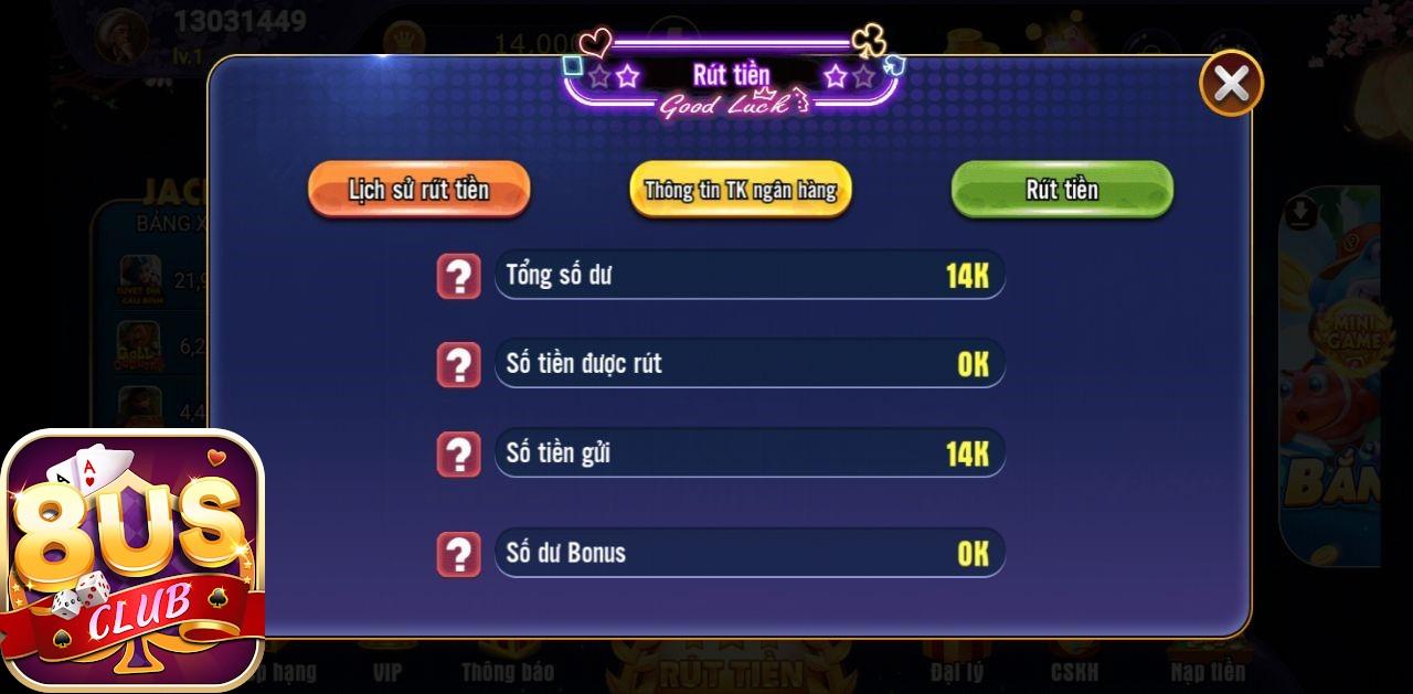 Hướng dẫn rút nạp tiền của cổng game 8US club.