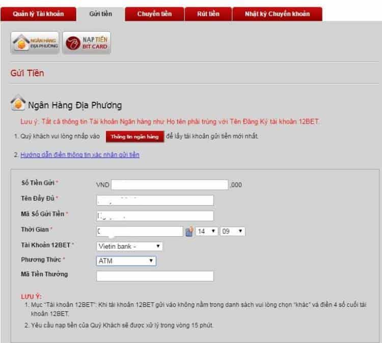 Hướng dẫn giao dịch nạp tiền, rút tiền tại nhà cái 12Bet