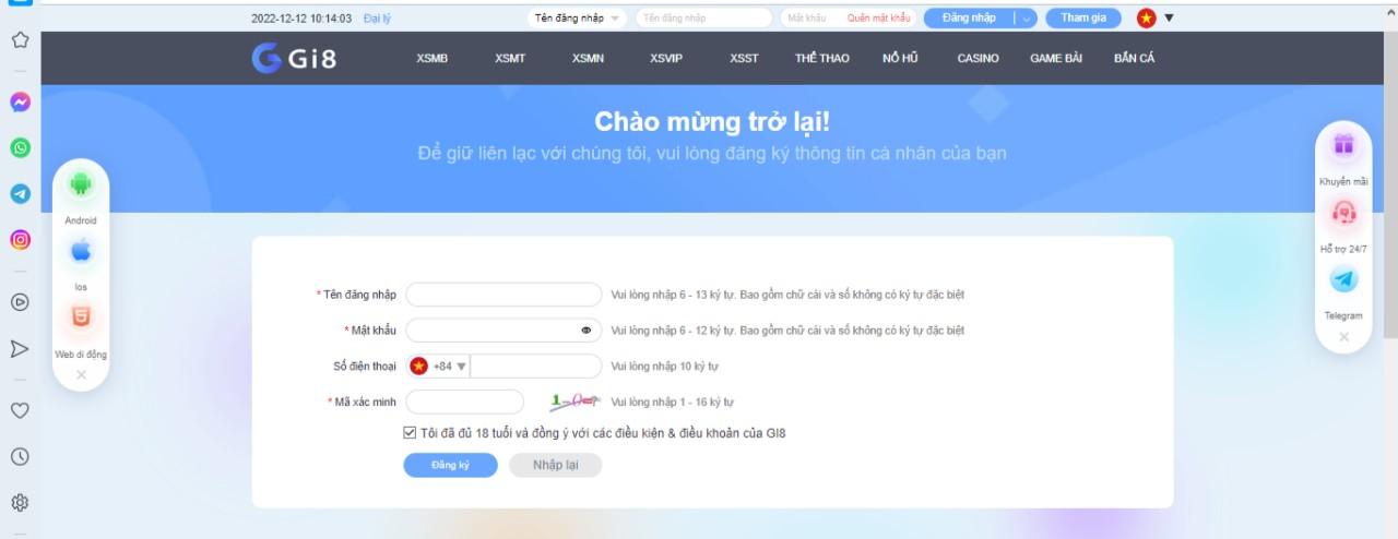 Màn hình đăng ký của Gi8