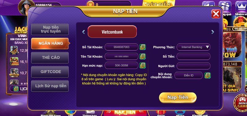 Giao dịch nạp tiền vào cổng game 68Gamebai